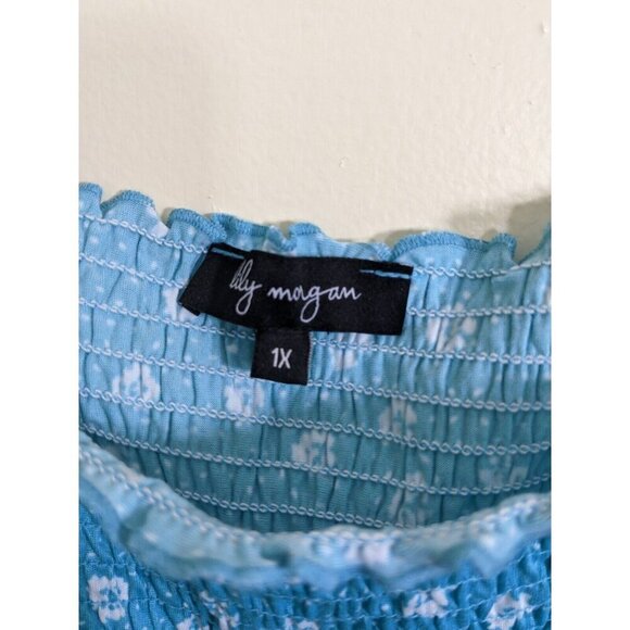 Womens Romper Jumpsuit Plus Size 1X Aqua Blue Smocked Ruffle Ditsy Floral Pretty - Picture 3 of 3